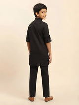 Black Designer Placket Kurta Pajama Set for Boys