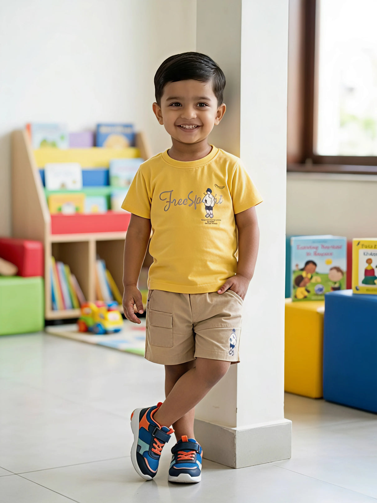 Boys Yellow Free Spirit Cotton T-Shirt and Cargo Shorts Set