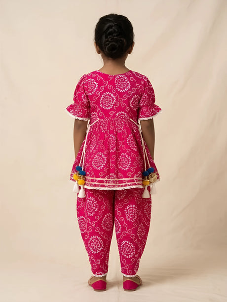 Girls Rani Bandhani Printed Kurti with Dhoti Set.