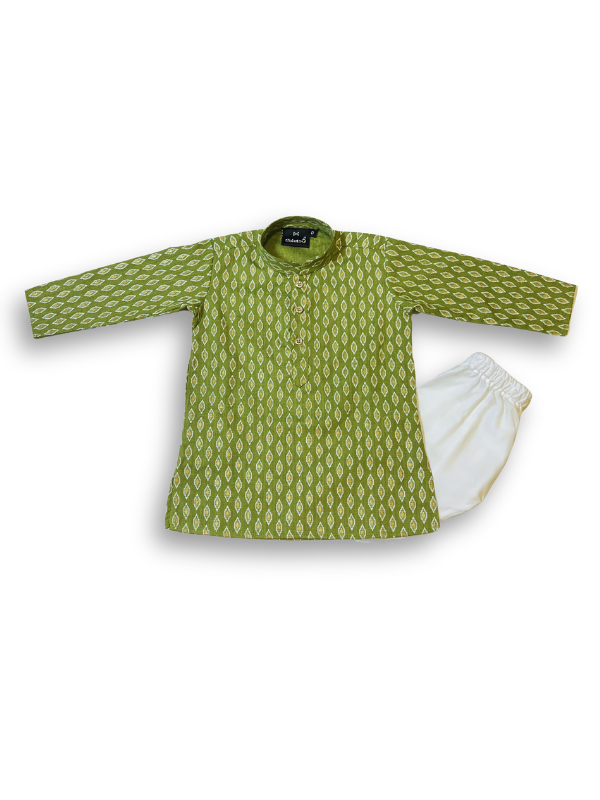 Boys' long-sleeved kurta with a white and gold geometric leaf pattern on an olive green base, paired with plain cream or white elastic-waist pyjama pants.

Export to Sheets