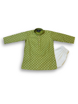 Boys' long-sleeved kurta with a white and gold geometric leaf pattern on an olive green base, paired with plain cream or white elastic-waist pyjama pants.

Export to Sheets