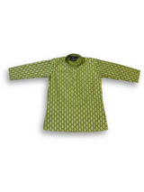 Boys' long-sleeved kurta with a white and gold geometric leaf pattern on an olive green base, paired with plain cream or white elastic-waist pyjama pants.

Export to Sheets