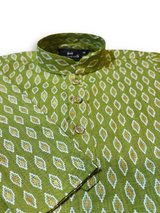 Boys' long-sleeved kurta with a white and gold geometric leaf pattern on an olive green base, paired with plain cream or white elastic-waist pyjama pants.

Export to Sheets