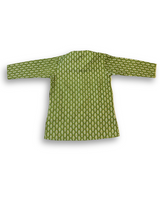 Boys' long-sleeved kurta with a white and gold geometric leaf pattern on an olive green base, paired with plain cream or white elastic-waist pyjama pants.

Export to Sheets