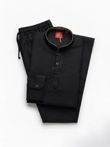 Black Designer Placket Kurta Pajama Set for Boys