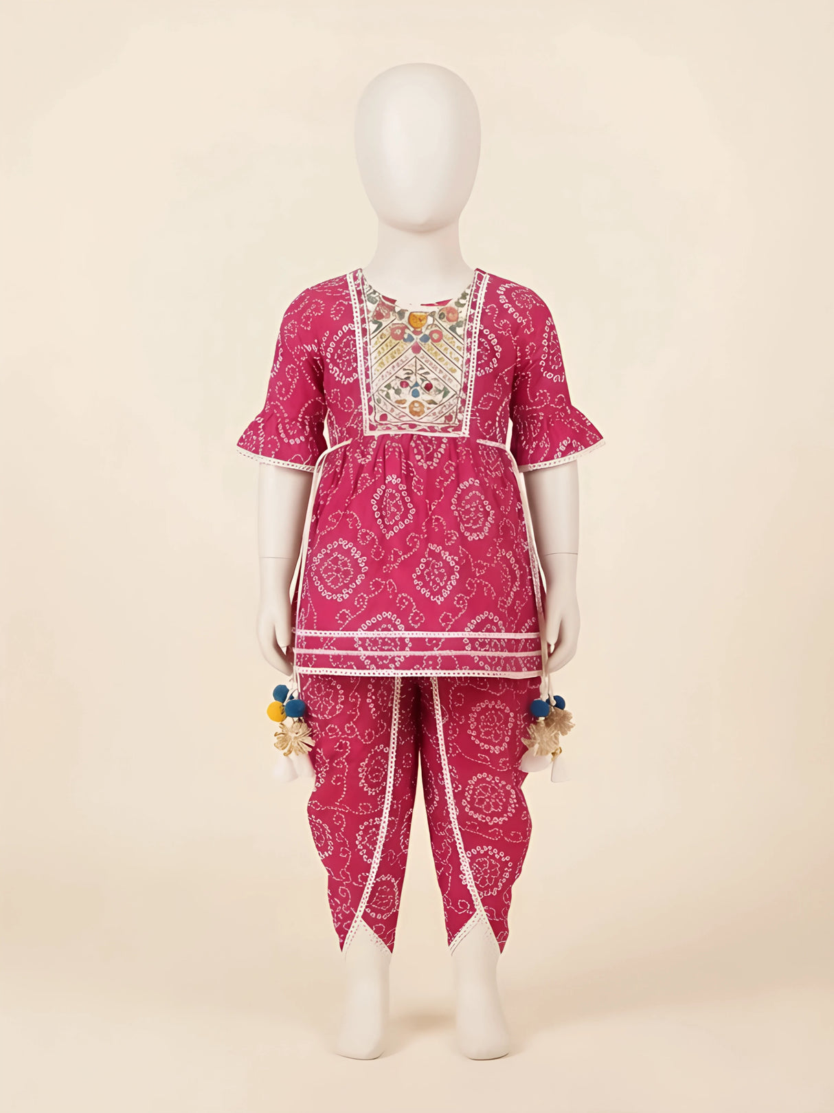 Girls Rani Bandhani Printed Kurti with Dhoti Set