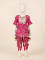 Girls Rani Bandhani Printed Kurti with Dhoti Set