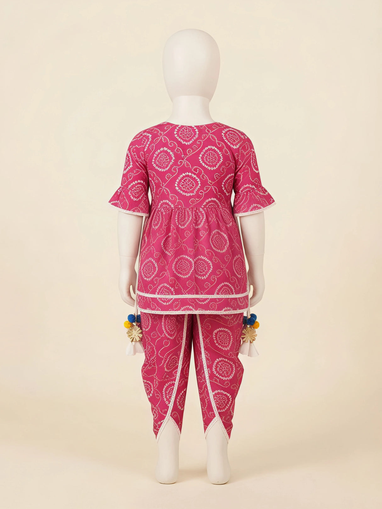 Girls Rani Bandhani Printed Kurti with Dhoti Set