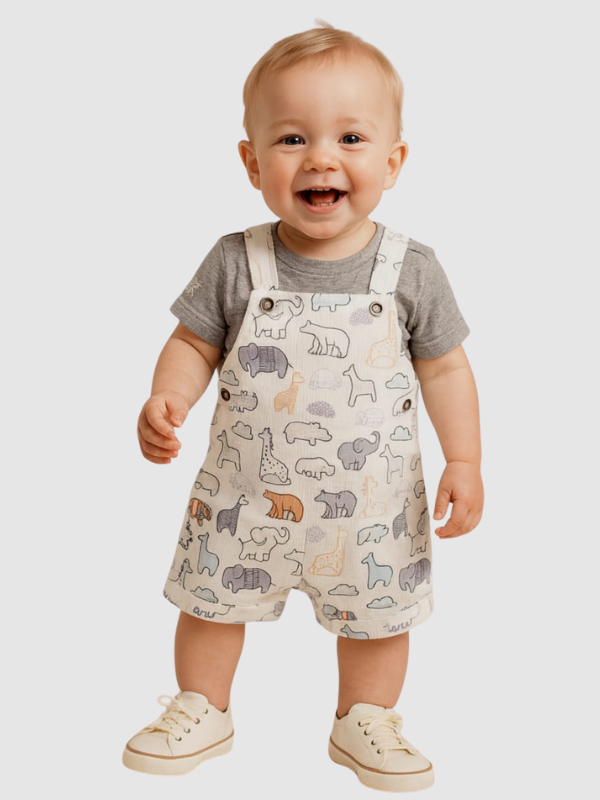 Happy baby wearing a cream/light gray overall romper with a neutral colored safari animal pattern, styled over a plain gray short-sleeve t-shirt.