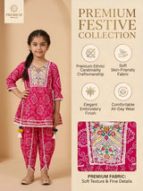 Girls Rani Bandhani Printed Kurti with Dhoti Set