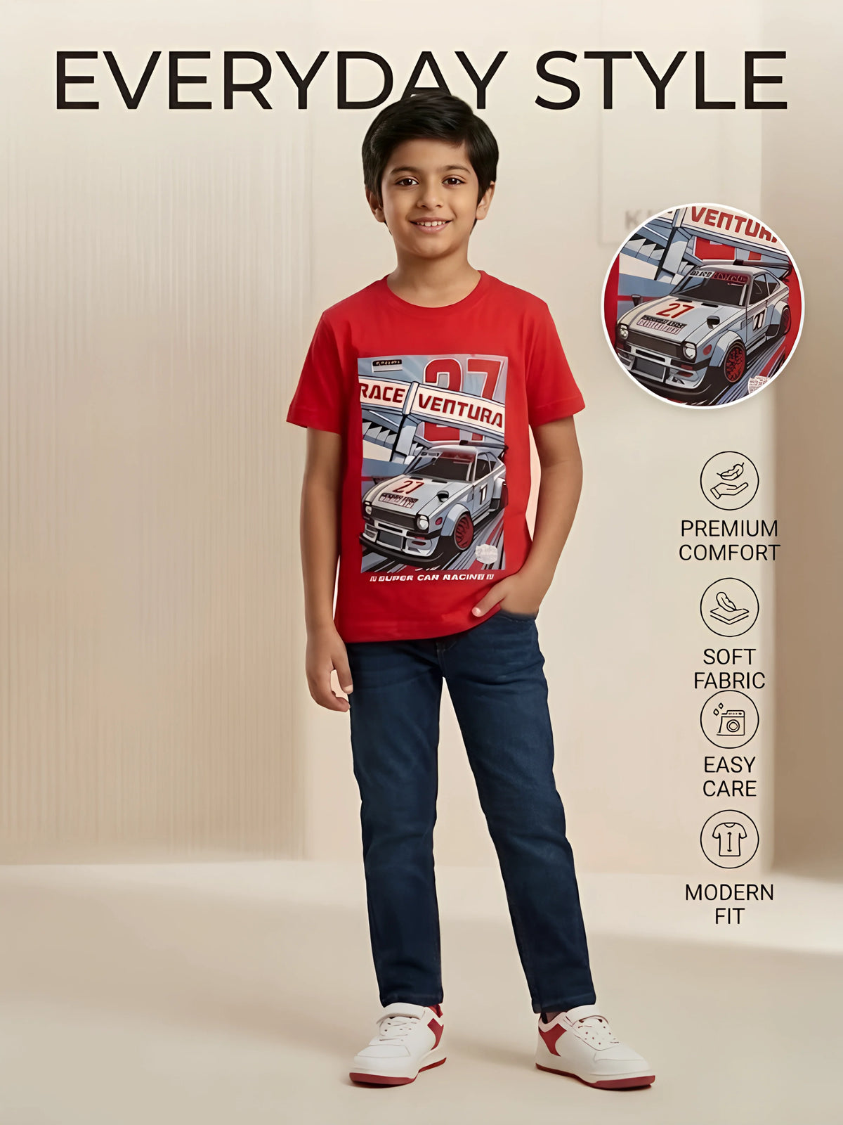 Boys Red Racing Car Printed T-Shirt
