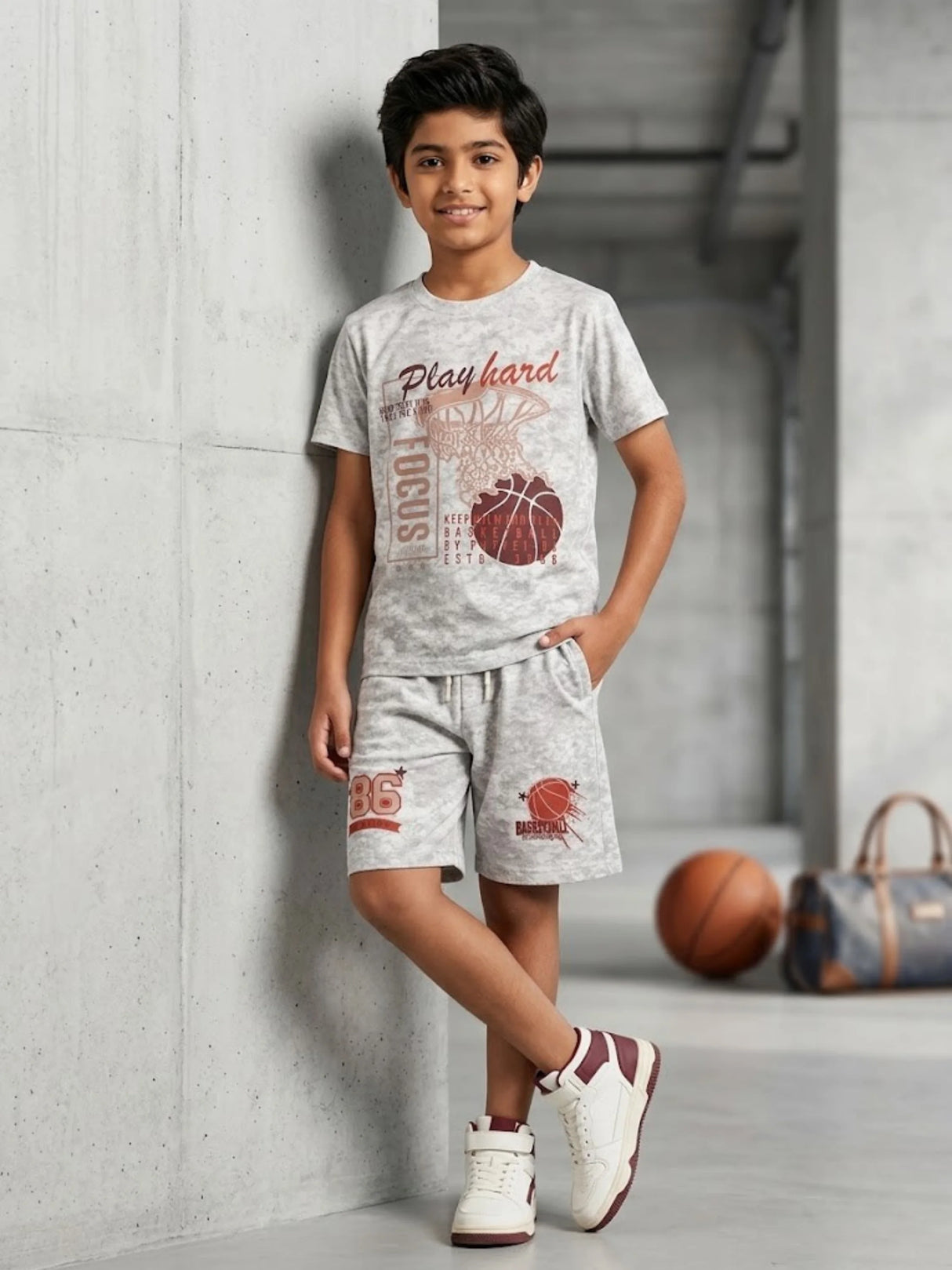 Boys Cream Basketball Graphic Co-ord Set - Play Hard Edition