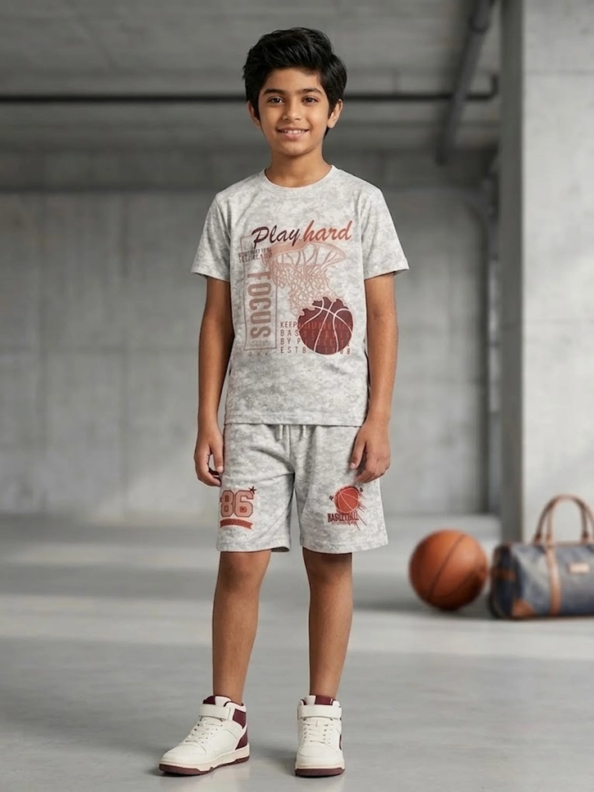 Boys Cream Basketball Graphic Co-ord Set - Play Hard Edition