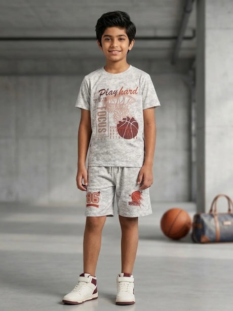 Boys Cream Basketball Graphic Co-ord Set - Play Hard Edition