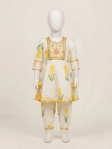 Girls Cream Floral Floral Printed Patiala Suit Set with Embroidery & Tassels