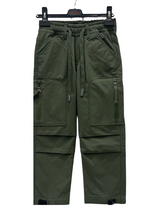 Rear view of boys' olive green casual utility pants showing the elasticized back waist and two large, angular patch pockets.