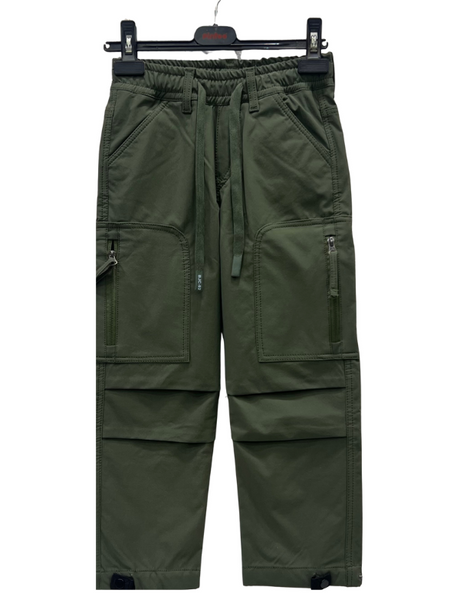 Rear view of boys' olive green casual utility pants showing the elasticized back waist and two large, angular patch pockets.
