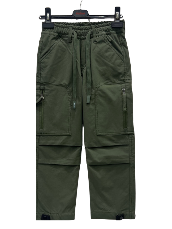 Rear view of boys' olive green casual utility pants showing the elasticized back waist and two large, angular patch pockets.