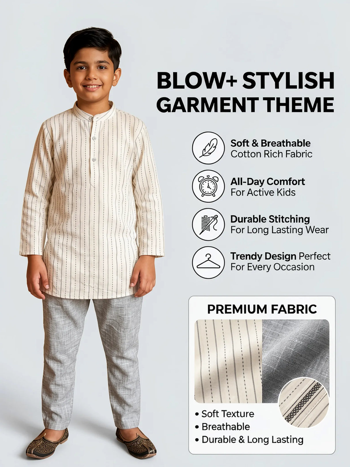 Boys Cream Striped Kurta with Grey Trousers Set