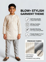 Boys Cream Striped Kurta with Grey Trousers Set