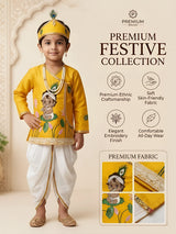 Vibrant Yellow Printed Kanha Dhoti Kurta Set for Boys.