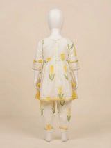 Girls Cream Floral Floral Printed Patiala Suit Set with Embroidery & Tassels