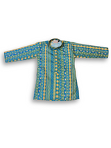Boys' long-sleeved kurta with a vertical geometric print in teal blue and yellow, paired with plain cream or white elastic-waist pyjama pants.

Export to Sheets