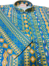 Boys' long-sleeved kurta with a vertical geometric print in teal blue and yellow, paired with plain cream or white elastic-waist pyjama pants.

Export to Sheets
