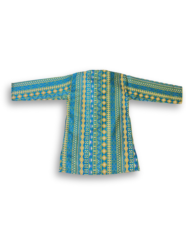 Boys' long-sleeved kurta with a vertical geometric print in teal blue and yellow, paired with plain cream or white elastic-waist pyjama pants.

Export to Sheets