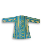 Boys' long-sleeved kurta with a vertical geometric print in teal blue and yellow, paired with plain cream or white elastic-waist pyjama pants.

Export to Sheets