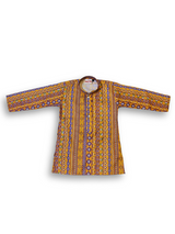 Boys' long-sleeved kurta with a vertical geometric print in mustard yellow, blue, and green, paired with plain cream or white elastic-waist pyjama pants.

Export to Sheets