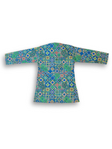 Boys' long-sleeved kurta with a dense, colorful geometric mosaic print in shades of blue, green, yellow, and orange, shown with plain cream pyjama pants.

Export to Sheets