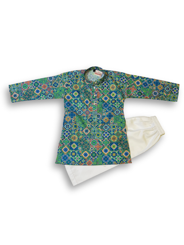 Boys' long-sleeved kurta with a dense, colorful geometric mosaic print in shades of blue, green, yellow, and orange, shown with plain cream pyjama pants.

Export to Sheets