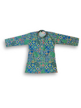 Boys' long-sleeved kurta with a dense, colorful geometric mosaic print in shades of blue, green, yellow, and orange, shown with plain cream pyjama pants.

Export to Sheets