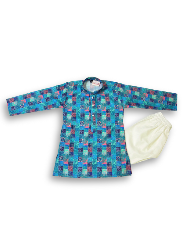 Boys' long-sleeved kurta with a colorful geometric square print in blue, green, and pink, paired with plain cream or white elastic-waist pyjama pants.

Export to Sheets
