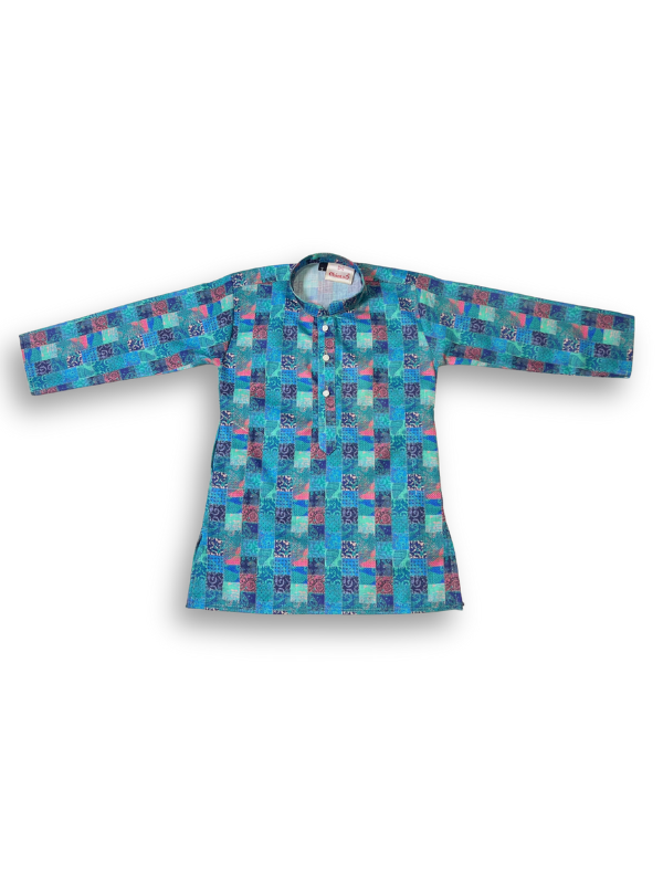 Boys' long-sleeved kurta with a colorful geometric square print in blue, green, and pink, paired with plain cream or white elastic-waist pyjama pants.

Export to Sheets