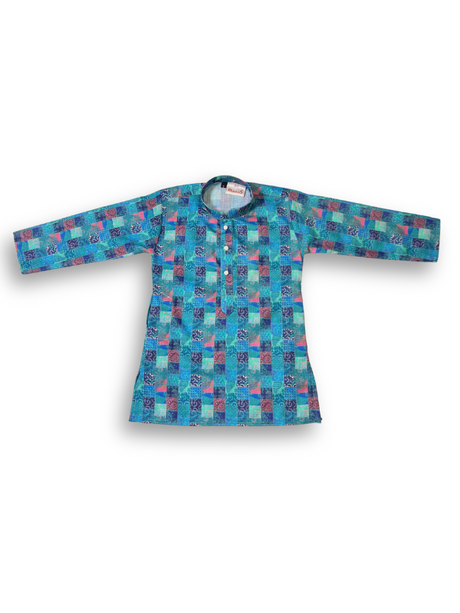 Boys' long-sleeved kurta with a colorful geometric square print in blue, green, and pink, paired with plain cream or white elastic-waist pyjama pants.

Export to Sheets