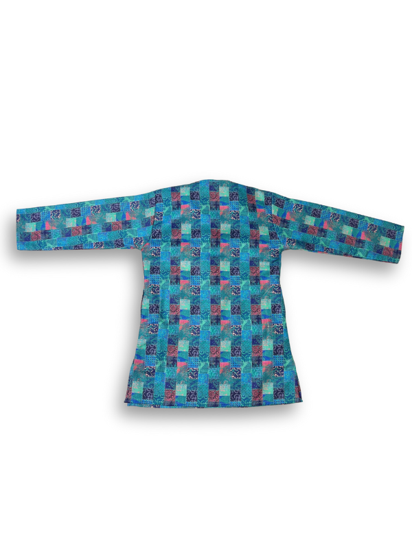 Boys' long-sleeved kurta with a colorful geometric square print in blue, green, and pink, paired with plain cream or white elastic-waist pyjama pants.

Export to Sheets