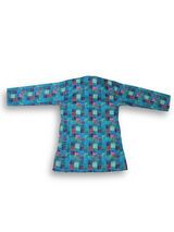 Boys' long-sleeved kurta with a colorful geometric square print in blue, green, and pink, paired with plain cream or white elastic-waist pyjama pants.

Export to Sheets