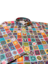 Boys' long-sleeved kurta with a colorful geometric square mosaic print in green, blue, yellow, and pink, paired with plain cream or white elastic-waist pyjama pants.

Export to Sheets