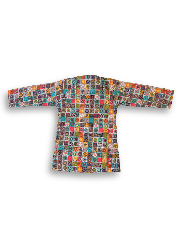 Boys' long-sleeved kurta with a colorful geometric square mosaic print in green, blue, yellow, and pink, paired with plain cream or white elastic-waist pyjama pants.

Export to Sheets