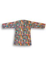 Boys' long-sleeved kurta with a colorful geometric square mosaic print in green, blue, yellow, and pink, paired with plain cream or white elastic-waist pyjama pants.

Export to Sheets