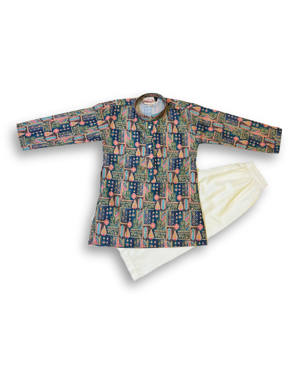 Boys' long-sleeved kurta with a colorful figurative and geometric print in blue, green, and pink, paired with plain cream or white elastic-waist pyjama pants.

Export to Sheets