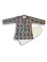 Boys' long-sleeved kurta with a colorful figurative and geometric print in blue, green, and pink, paired with plain cream or white elastic-waist pyjama pants.

Export to Sheets