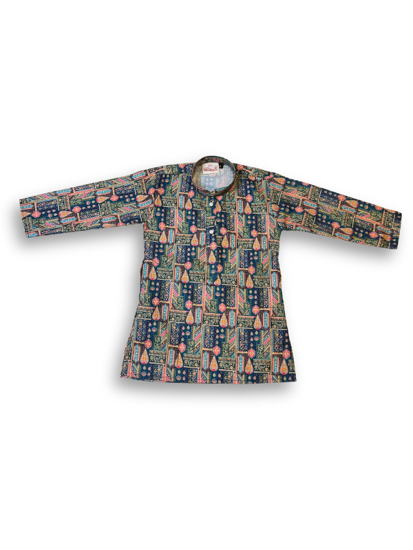 Boys' long-sleeved kurta with a colorful figurative and geometric print in blue, green, and pink, paired with plain cream or white elastic-waist pyjama pants.

Export to Sheets