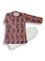 Boys' long-sleeved kurta with a colorful figurative and geometric block print in mauve pink, deep blue, and brown, paired with plain cream or white elastic-waist pyjama pants.

Export to Sheets