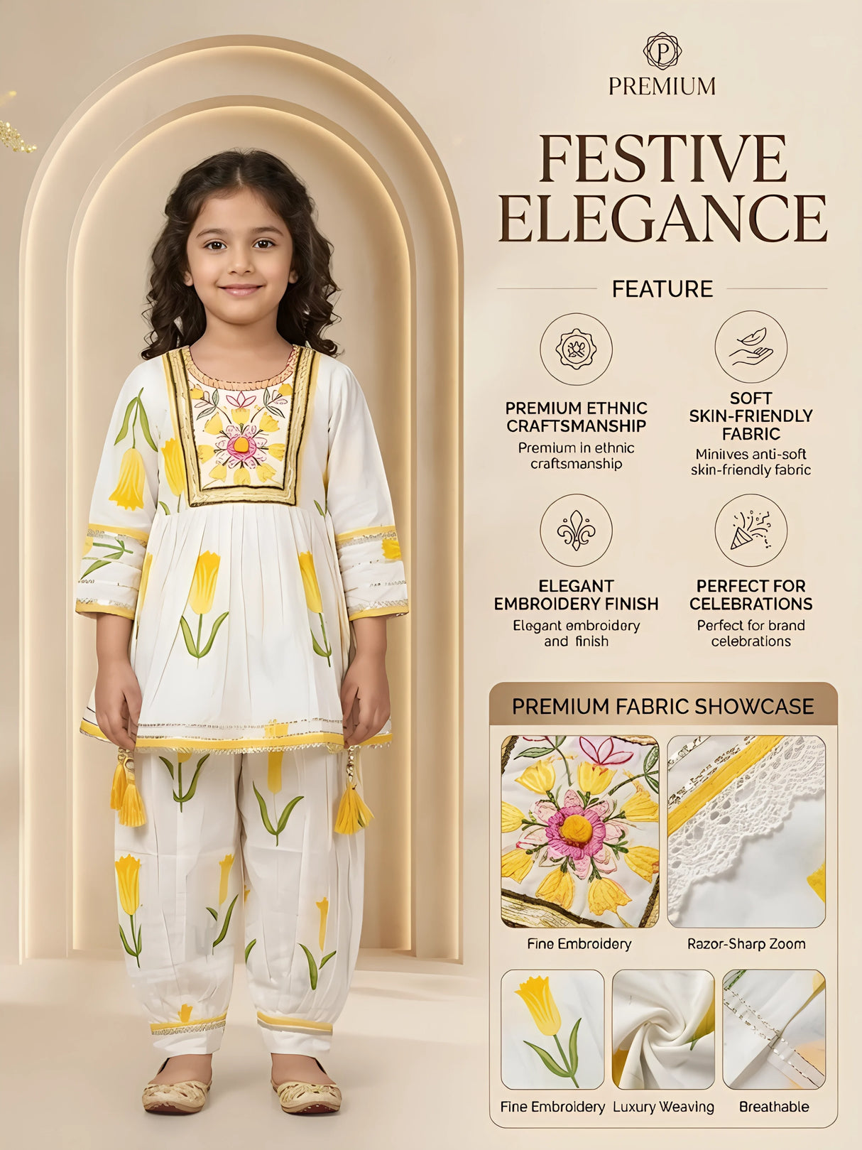 Girls Cream Floral Floral Printed Patiala Suit Set with Embroidery & Tassels