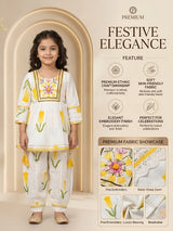 Girls Cream Floral Floral Printed Patiala Suit Set with Embroidery & Tassels