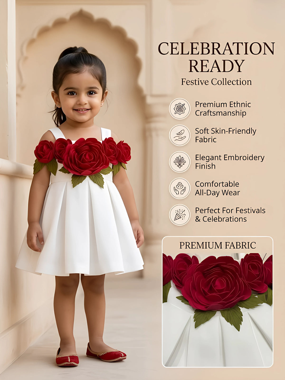 Girls White Floral Party Wear Frock.