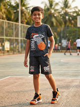 Boys Black Basketball Print Cotton Co-ord Set